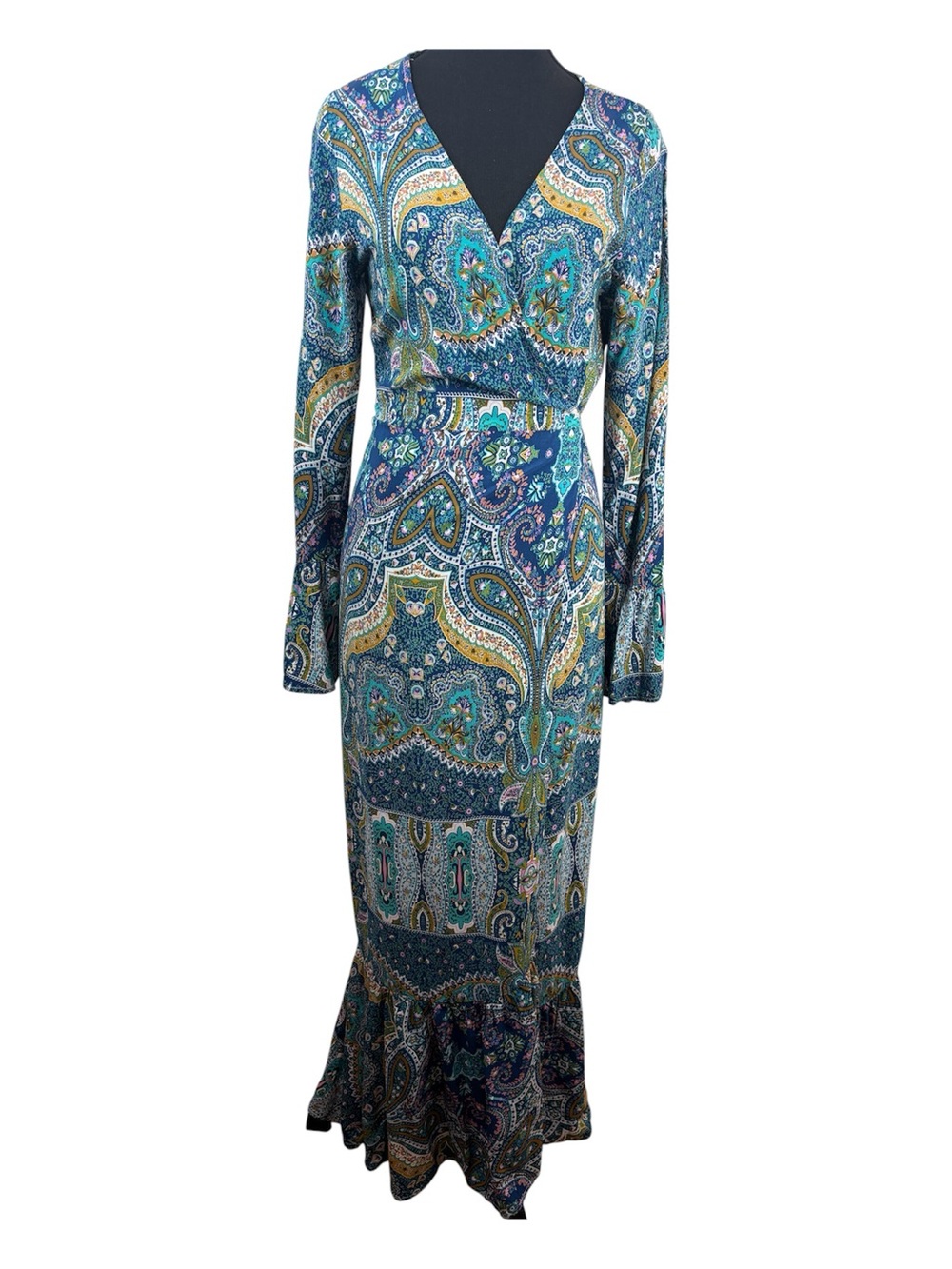R. Vivimos Paisley Wrap Maxi Dress Boho Bell Sleeve V-Neck Fit & Flare Size M